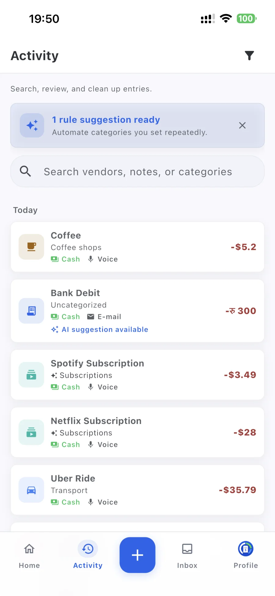 Rizur activity screen with transaction search, AI suggestions, and a categorization rule suggestion