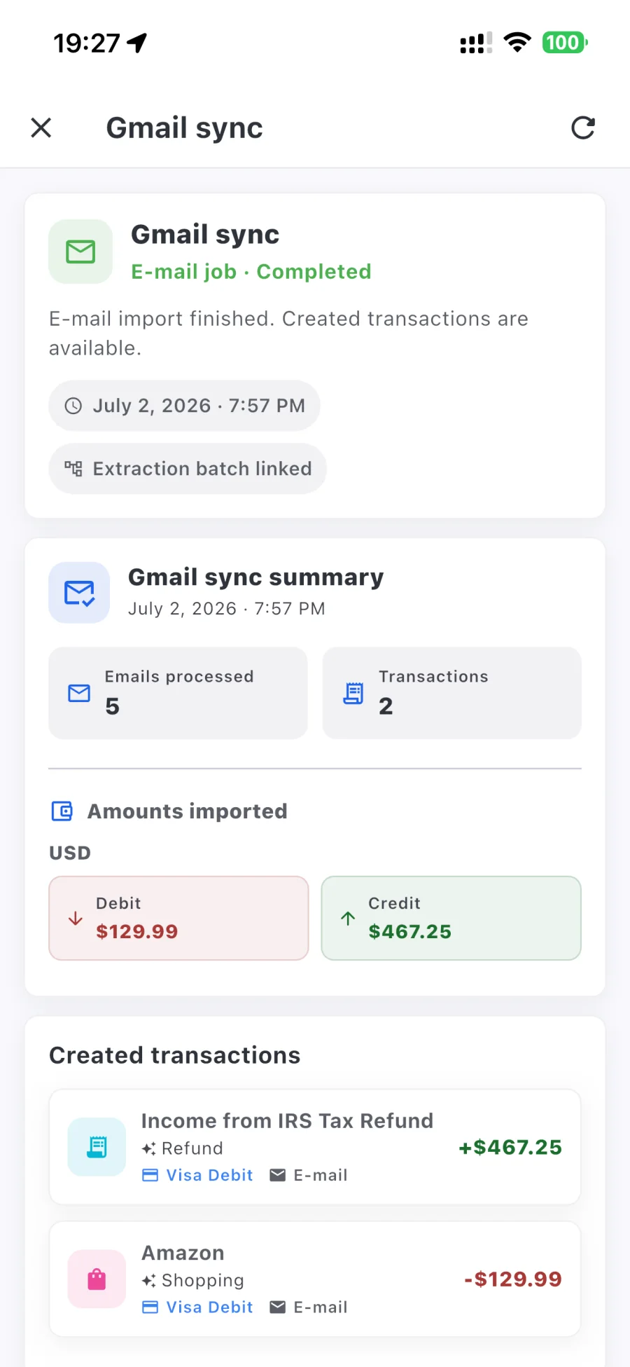 Rizur Gmail sync summary showing imported debit and credit transactions