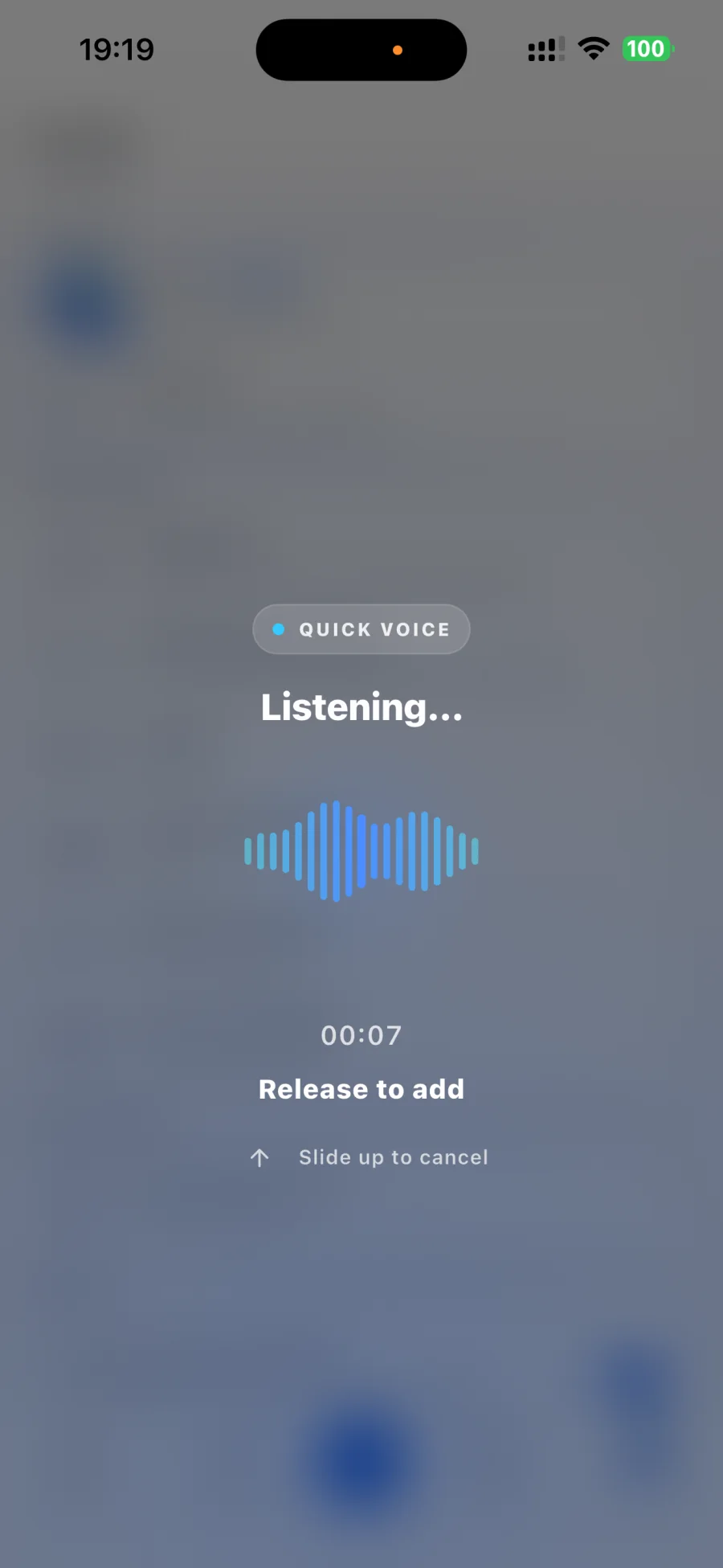Rizur Quick Voice listening screen with a live waveform and release-to-add action