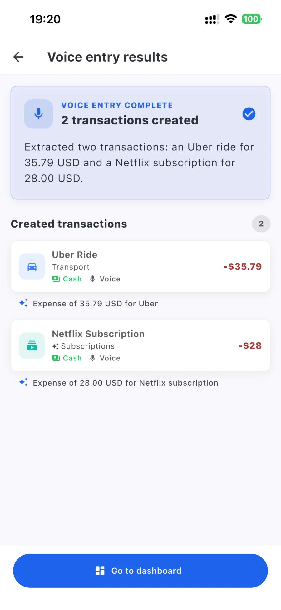 Rizur voice entry results showing two created transactions ready to review